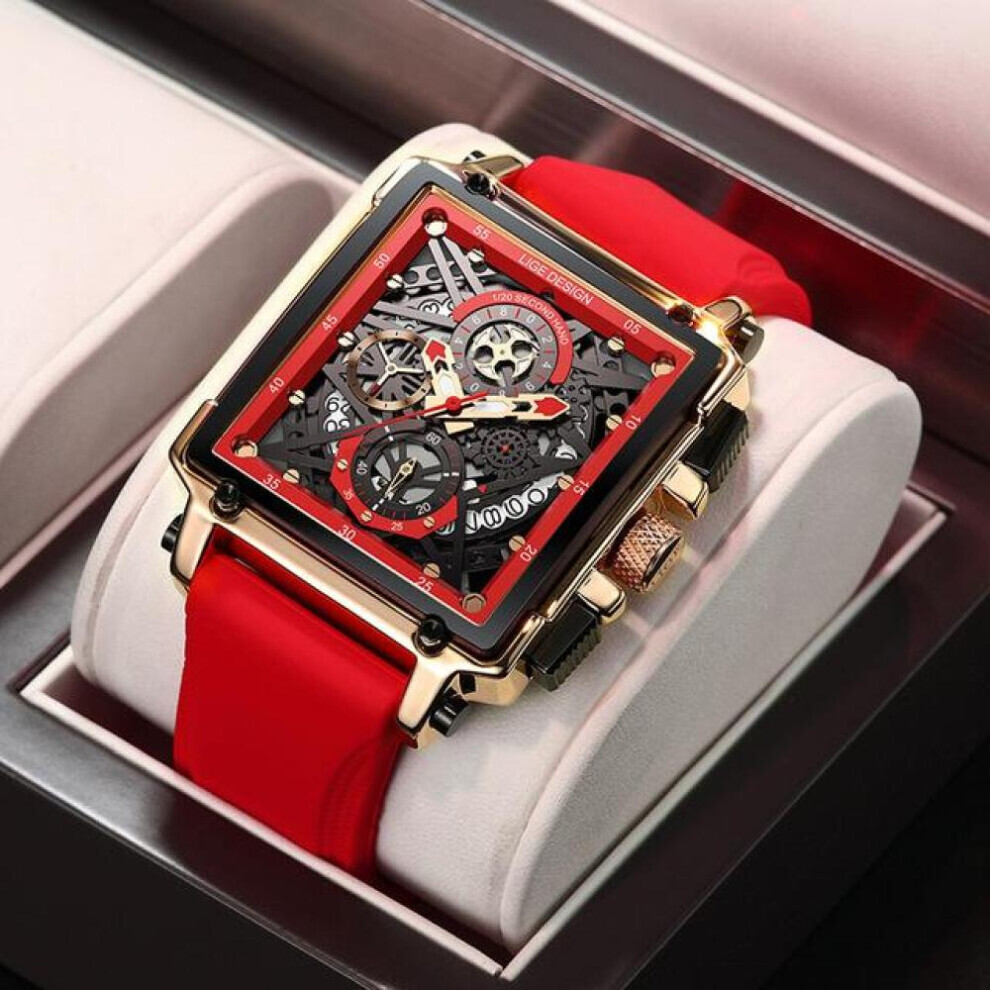 Maxpower (Gold Red) Hollow Square Mens Watches Chronograph Lige Brand Luxury Automatic Date Men Watch Waterproof Male Wristwatches Red,Gold