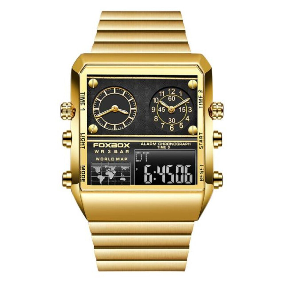 (Golden) 2022 FOXBOX New Watches For Men Luxury Brand Stainless Steel Military Wristwatch Casual Digital Sport Date Clock Chronograph Mens Watch LIGE