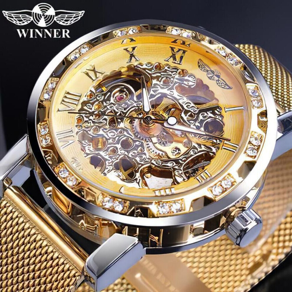 (gold) Winner Golden  Watches Men Skeleton Mechanical Watch Crystal Mesh Slim Stainless Steel Band Top Brand Luxury Hand Wind Wristwatch Business Watch