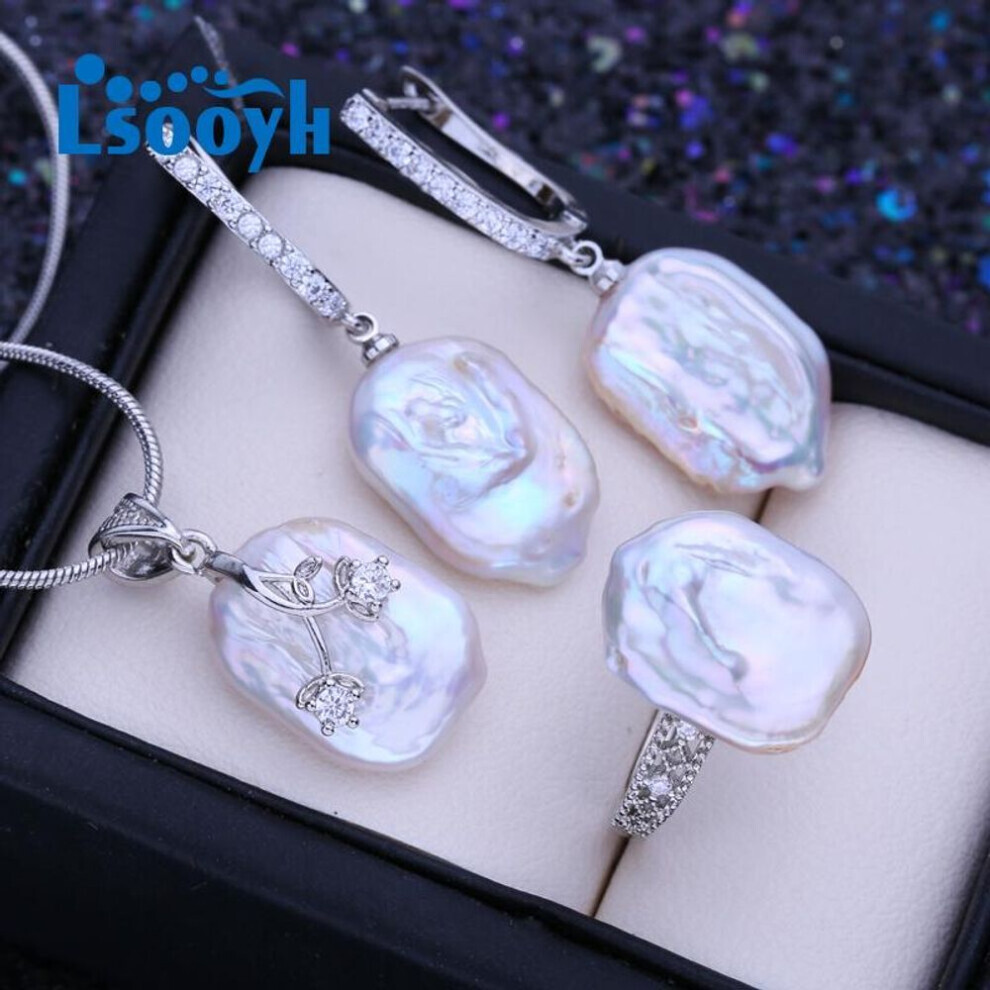 (white) Lsooyh Natural Freshwater Big Baroque Pearl Necklace Square Pendant Fashion Drop Earrings For Women Pearl Jewelry Sets