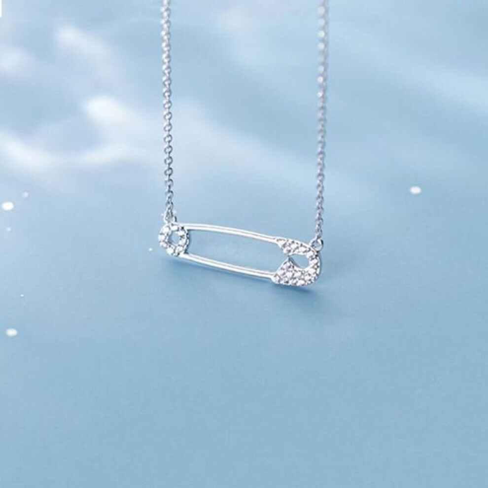 (silver) Real 925 Sterling Silver Safety Pin Necklace For Women Cubic Zirconia Pin Shape Necklaces Charms Jewelry
