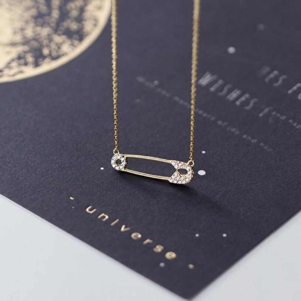 (gold) Real 925 Sterling Silver Safety Pin Necklace For Women Cubic Zirconia Pin Shape Necklaces Charms Jewelry