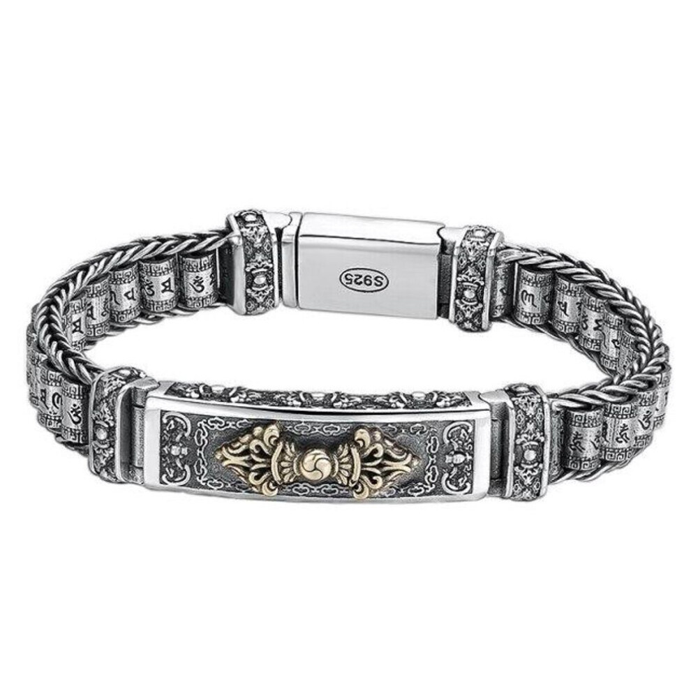 Maxpower (As The Picture, 20Cm) New Vajra Drop Magic Pestle Bracelet Men's Retro Buddhist Six-Character Mantra Prayer Wheel Domineering Hand-Woven Silver