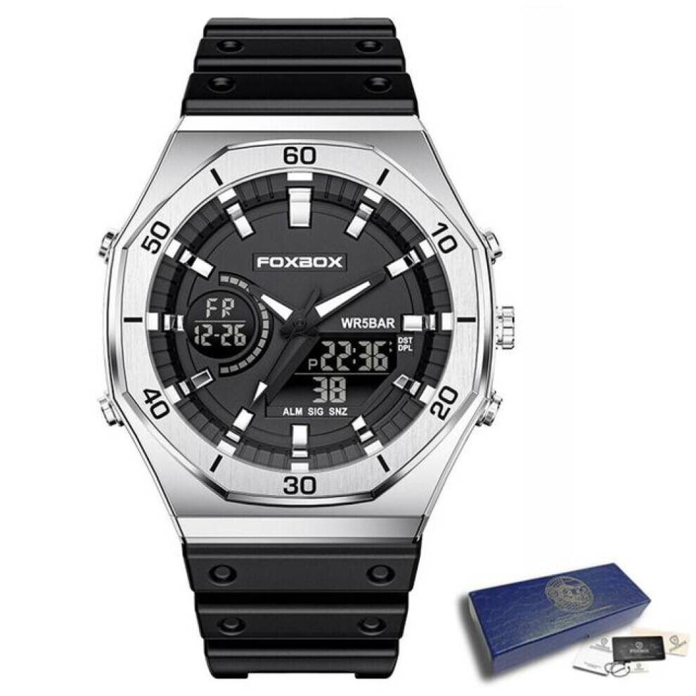 (Silver Black) LIGE New Dual display Watches For Men Casual Sports Chronograph Quartz Big Dial Wrist Watch Silicone Waterproof Digital Clock