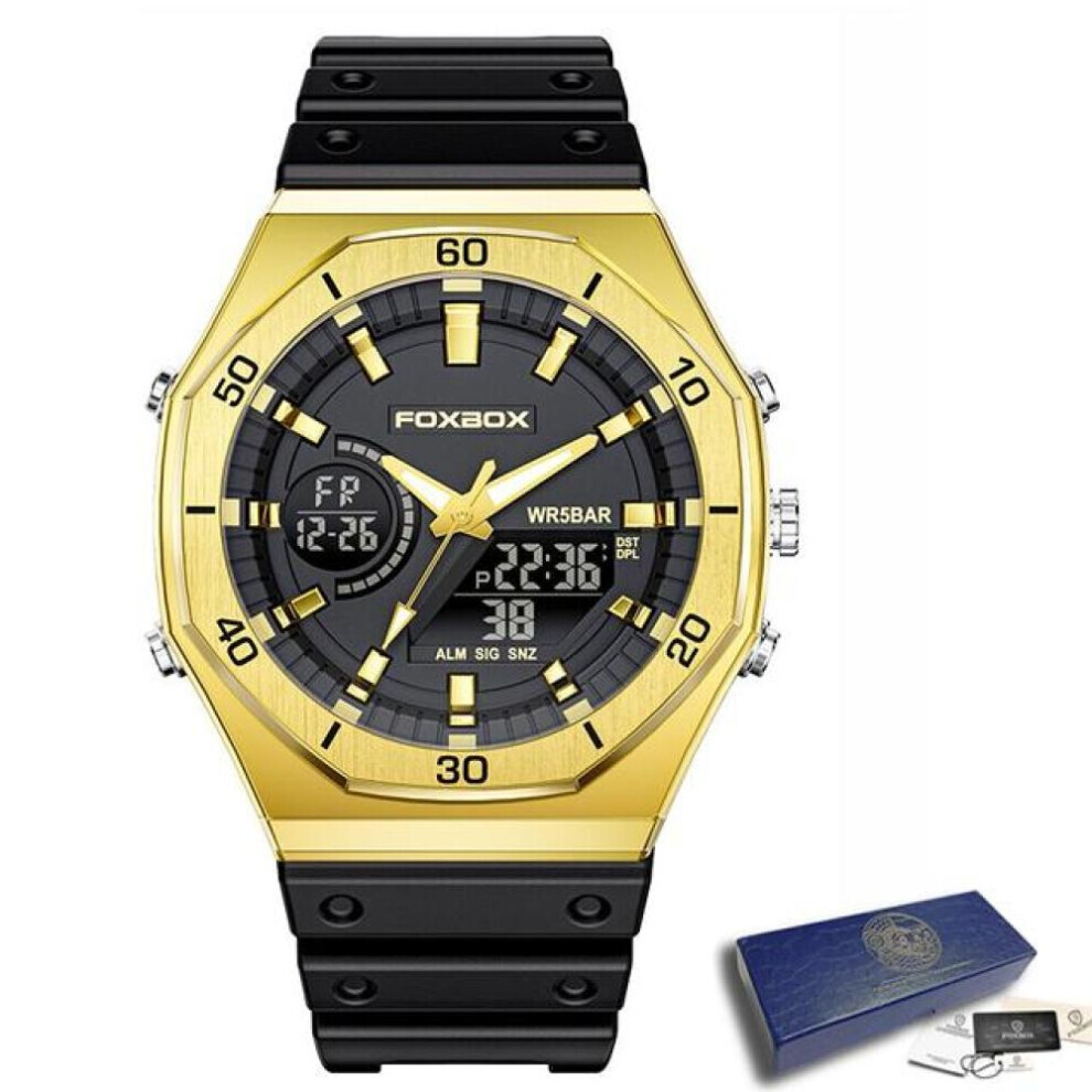 (Gold Black) LIGE New Dual display Watches For Men Casual Sports Chronograph Quartz Big Dial Wrist Watch Silicone Waterproof Digital Clock