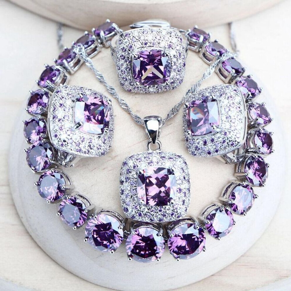 (purple, 8) Wedding Silver Color Jewelry Set For Women Bridal Cubic Zircon Rings/bracelets/earrings/pendant Necklace Set