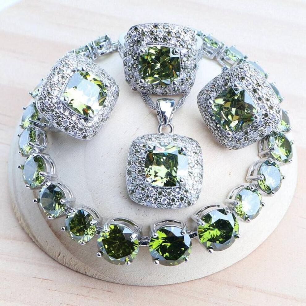 (tan, 9) Wedding Silver Color Jewelry Set For Women Bridal Cubic Zircon Rings/bracelets/earrings/pendant Necklace Set