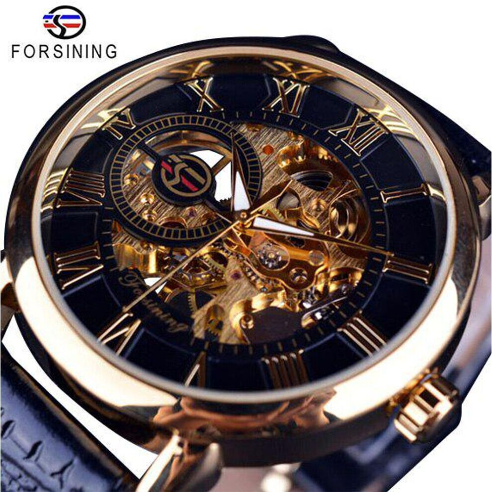 (black,golden) Forsining 3D Logo Design Hollow Engraving Black Gold Case Leather Skeleton Mechanical Watches Men Luxury Brand Heren Horloge