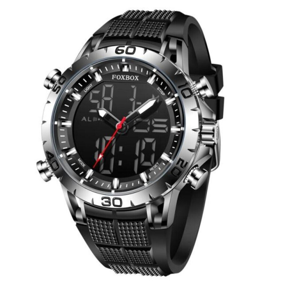 (Silver Black) 2022 FOXBOX Sport Mens Watches Top Brand Luxury Dual Display Quartz Watch For Men Military Waterproof Clock Digital Electronic Watch