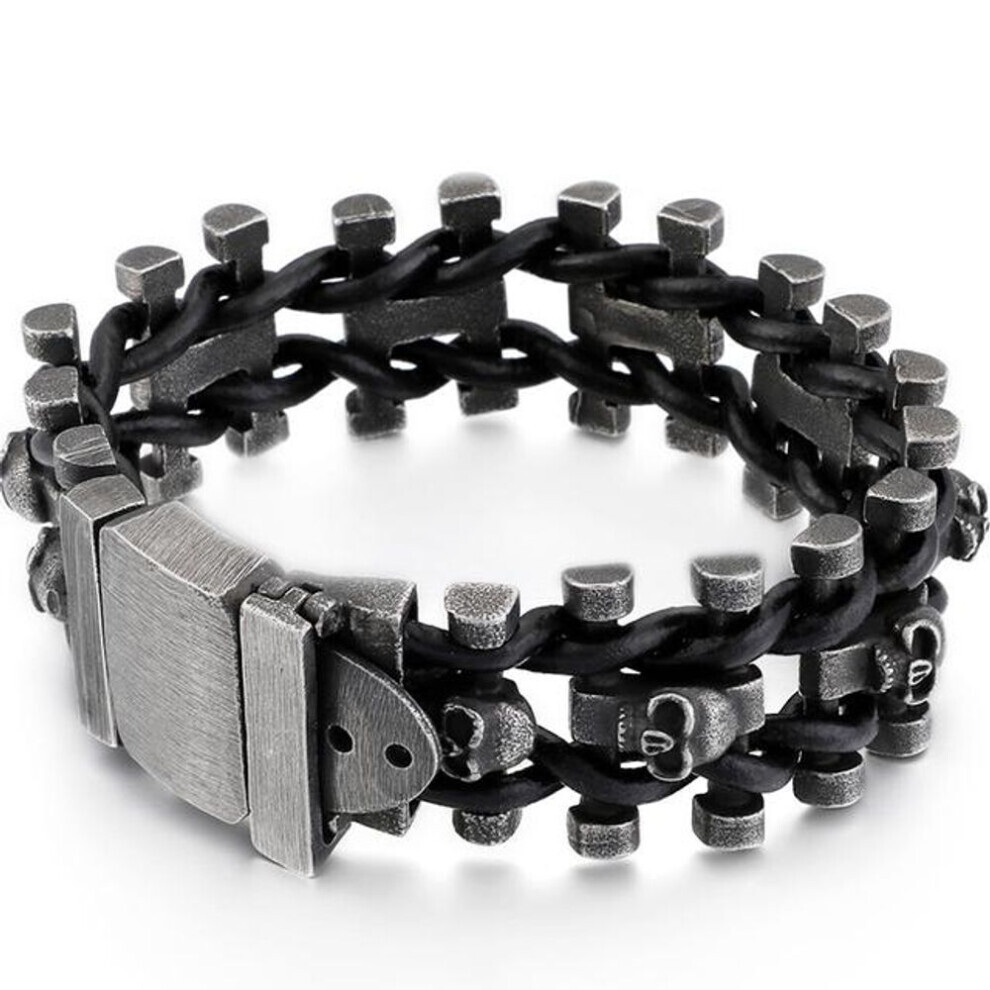 (as the picture, 22cm) Premium Men&apos;s Vintage Punk Stainless Steel Biker Skull Bracelet Handmade Braided Leather Bangle Gothic Male Jewelry