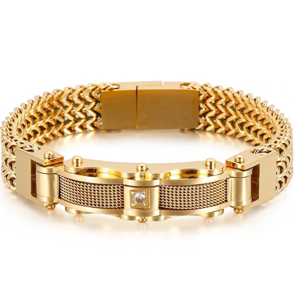 (gold, 21cm) Luxury Gold Plated Bracelet For Men 12mm Wide Stainless Steel Square Franco Link Chain Men&apos;s Wrist Bracelets With Magnet Clasp