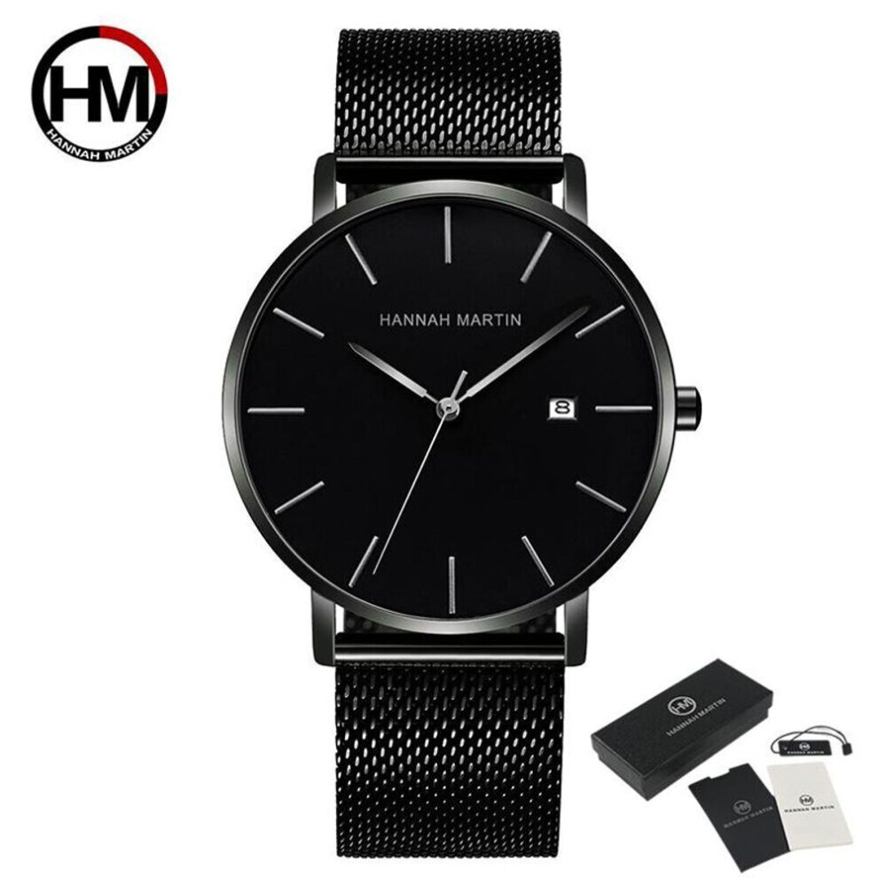 (black) Hannah Martin Classic Bauhaus Design Men Watch Dark Blue Japan Quartz Waterproof Fashion Business Calendar Ultra Thin Watches
