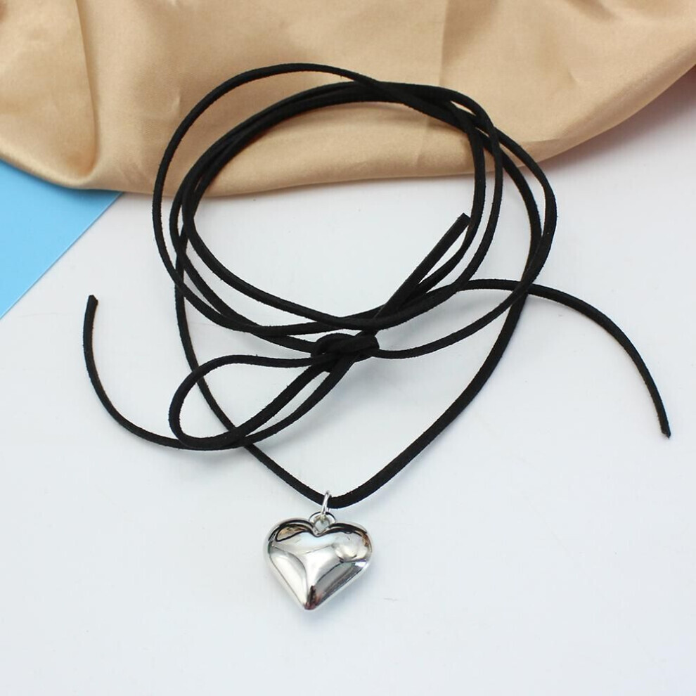 (silver) Diy Jewelry Goth Black Velvet 25mm Heart Pendant Choker Necklace For Women Weave Knotted Bowknot Adjustable Chain Jewelry