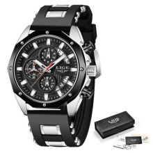 (Silver Black) LIGE New Watch Men Luxury Brand Big Dial Watches Men Waterproof Quartz Wristwatch Sports Chronograph Watch Relogio Masculino