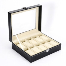 (black, Ten squares) Watch Box 10/20/24 Slots Mens Case Glass Top Black And Gray Display Organizer Lockable