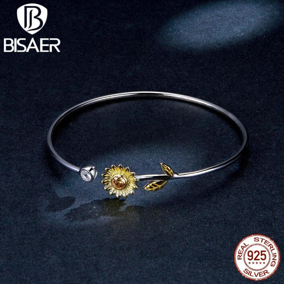 Maxpower (925 Silver) Bisaer Gold Color Adjustable Sunflower Bangle Bracelet 925 Sterling Silver Fine Jewelry Silver,Gold