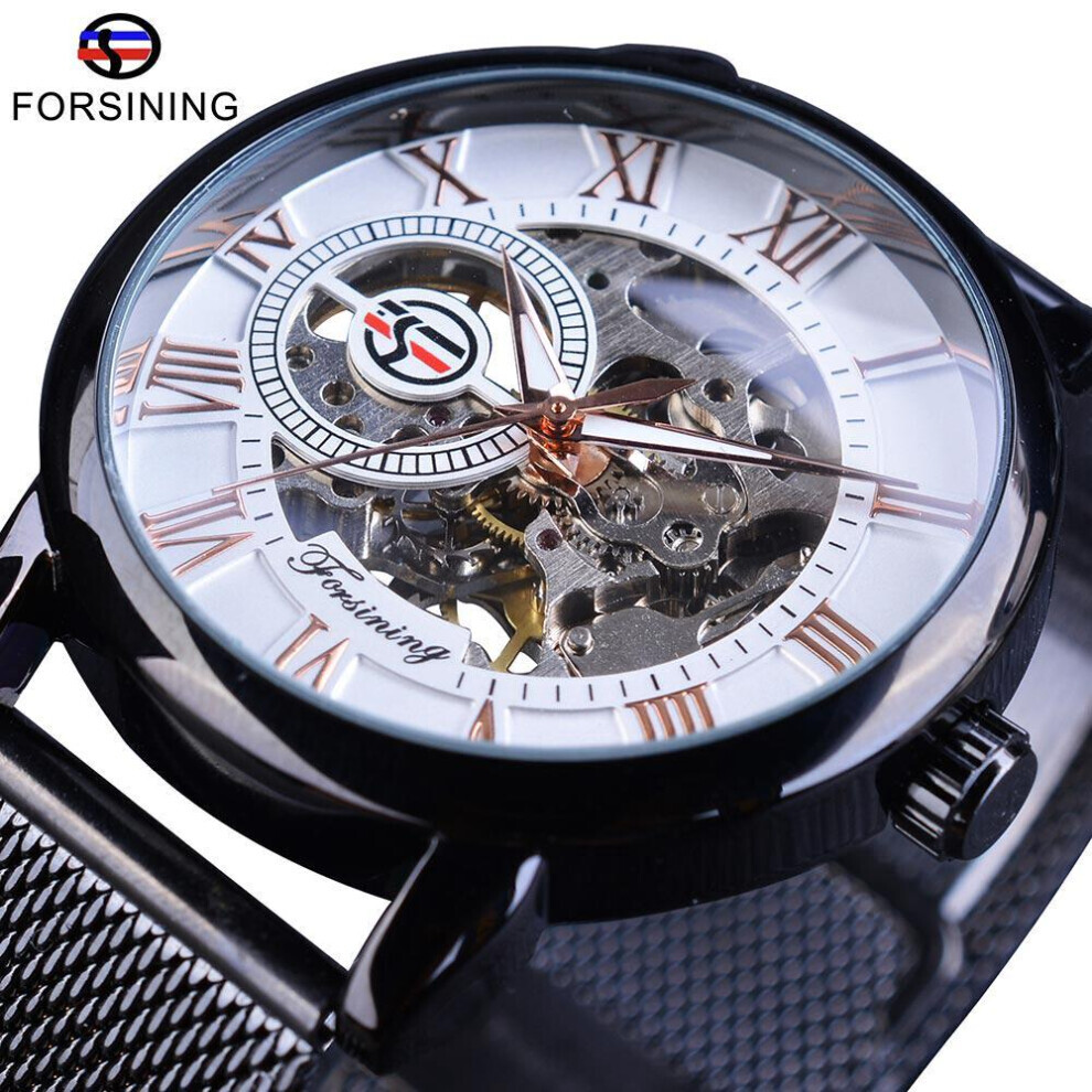 (white,black) Forsining Retro Fashion Design  Skeleton Sport Mechanical Watch Luminous Hands Transparent Mesh Bracelet For Men Top Brand Luxury