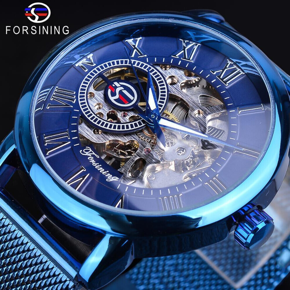 (blue) Forsining Retro Fashion Design  Skeleton Sport Mechanical Watch Luminous Hands Transparent Mesh Bracelet For Men Top Brand Luxury