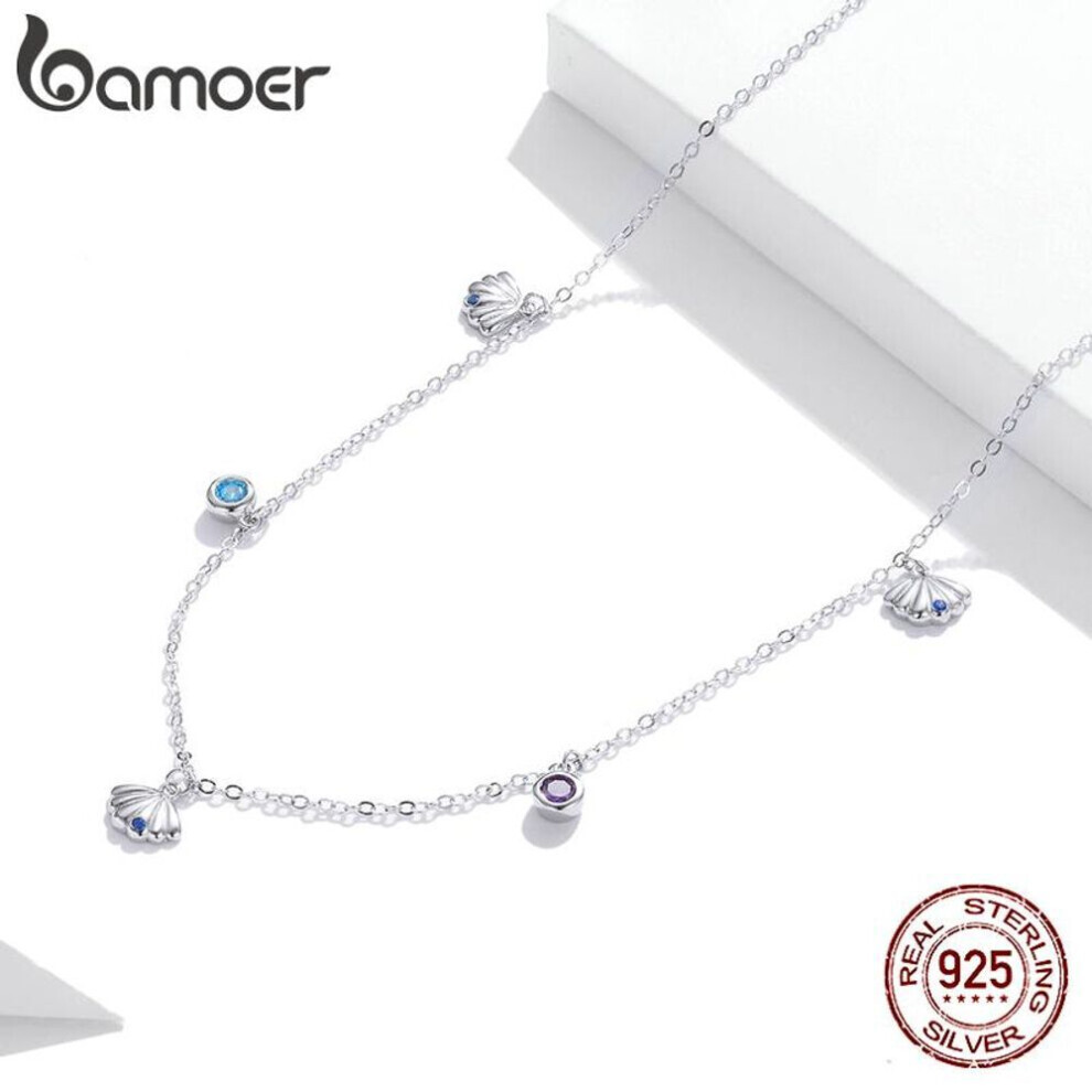 Maxpower (925 Silver) Bamoer Authentic Silver Seashell Necklace 925 Sterling Silver Blue Cz Love Necklace Gift For Girl Statement Fine Jewelry Blue,Silver