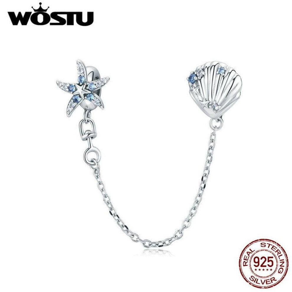 Maxpower (925 ) Wostu Starfish Stopper Charms 925 Sterling Tropical Starfish & Shell Safety Chain Charms Silver