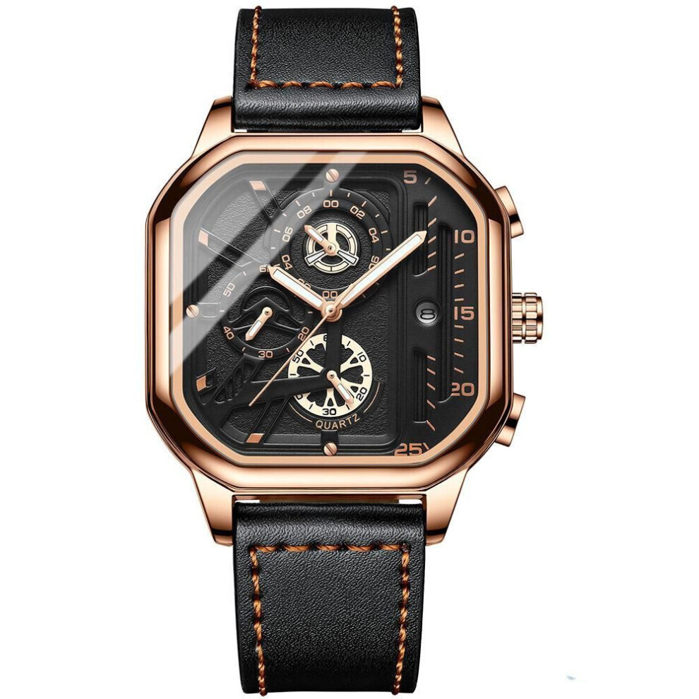 (black,rose gold) New Black Square Men&apos;s Watch Stainless Steel Multifunctional Sports Chronograph Quartz Watch Running Seconds Calendar