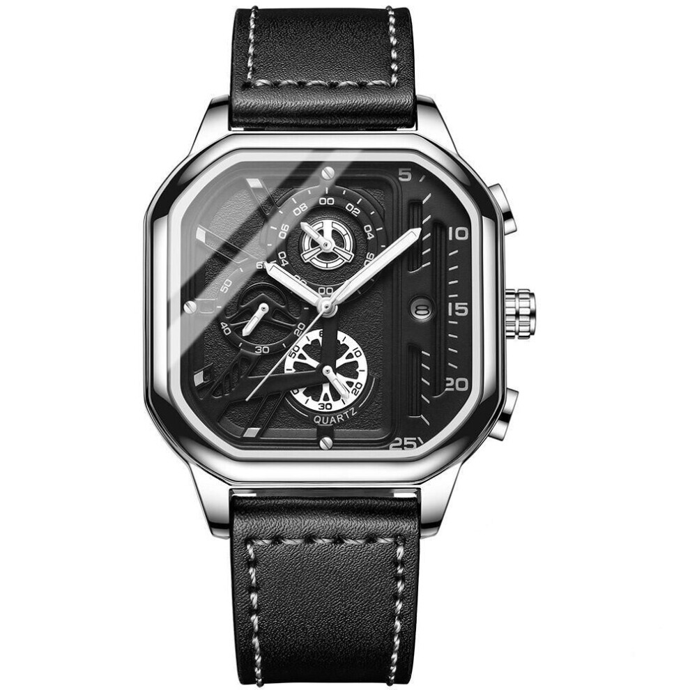 (silver,white) New Black Square Men&apos;s Watch Stainless Steel Multifunctional Sports Chronograph Quartz Watch Running Seconds Calendar