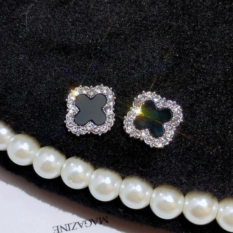 Maxpower (Silver) Rhinestone Clover Stud Earrings For Women Fashion Shiny Rhinestone Four Leaf Clover Earrings No Allergy Earrings Jewelry Silver