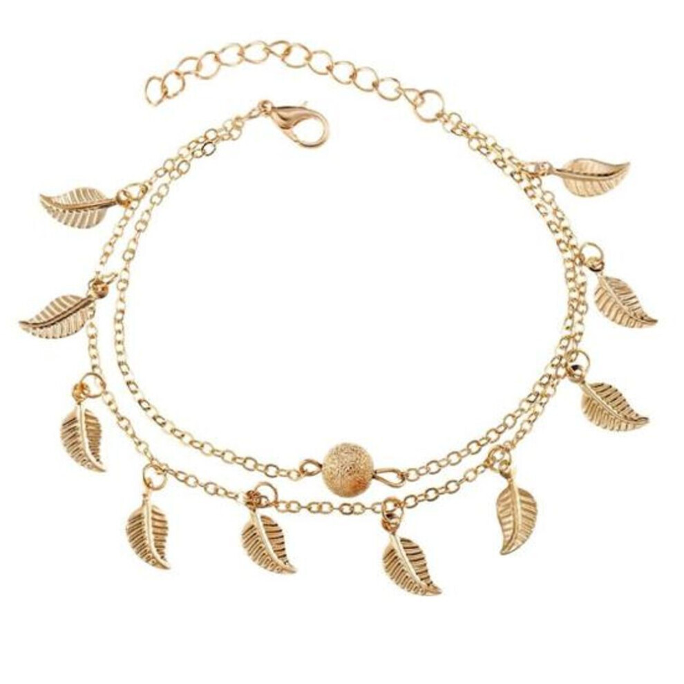 Maxpower (Golden) Double Layer Leaves Charm Anklet Foot Chain Summer Women Sandal Ankle Bracelet Gold