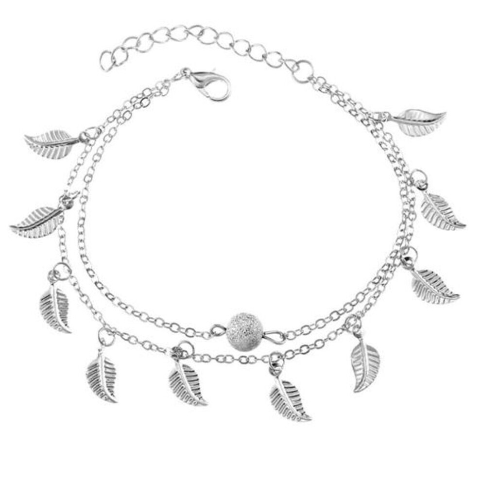 (silver) Double Layer Leaves Charm Anklet Foot Chain Summer Women Sandal Ankle Bracelet
