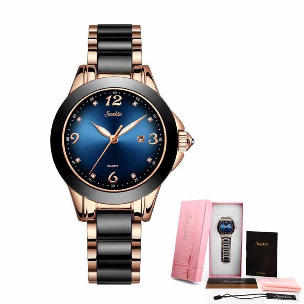 (Gold Blue) SUNKTA Fashion Women Watches Rose Gold Ladies Bracelet Watches 2019New Creative Waterproof Quartz Watches For Women