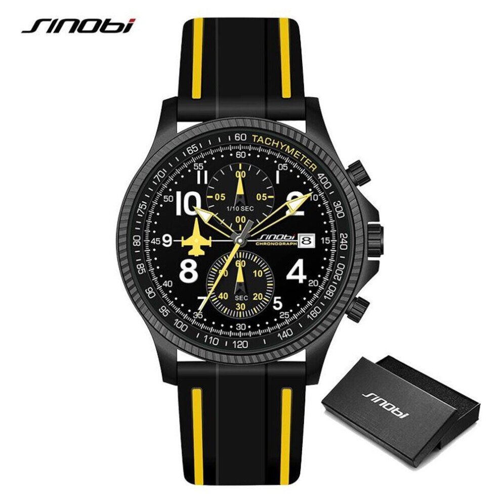 (yellow) New Sinobi Creative Design Airplane Chronograph Men&apos;s Watches Original Geneva Calender Man Quartz Wristwatches Top Sports Clock