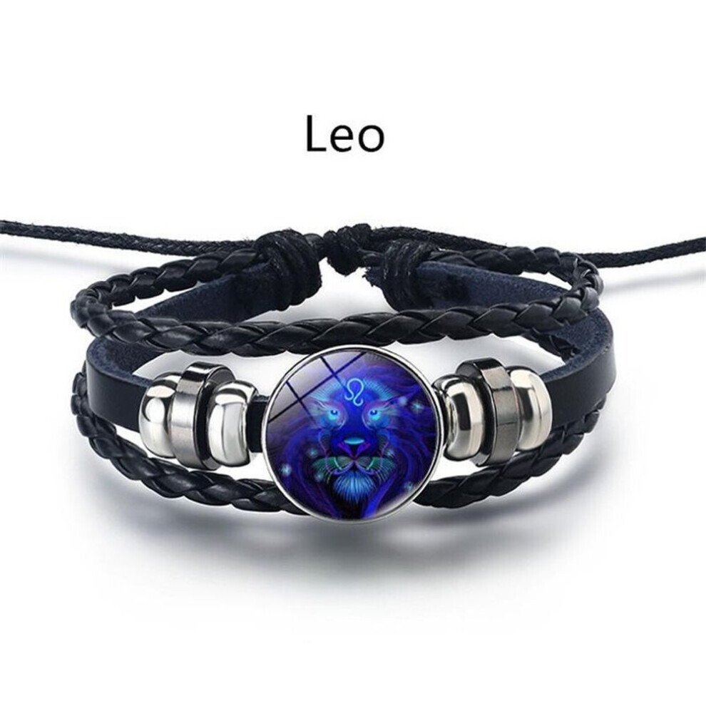 Maxpower (Leo) 12 Constellation Luminous Weave Leather Bracelet Charm Bracelet Men Women Fashion Multilayer Zodiac Signs Bracelet Birthday Gifts