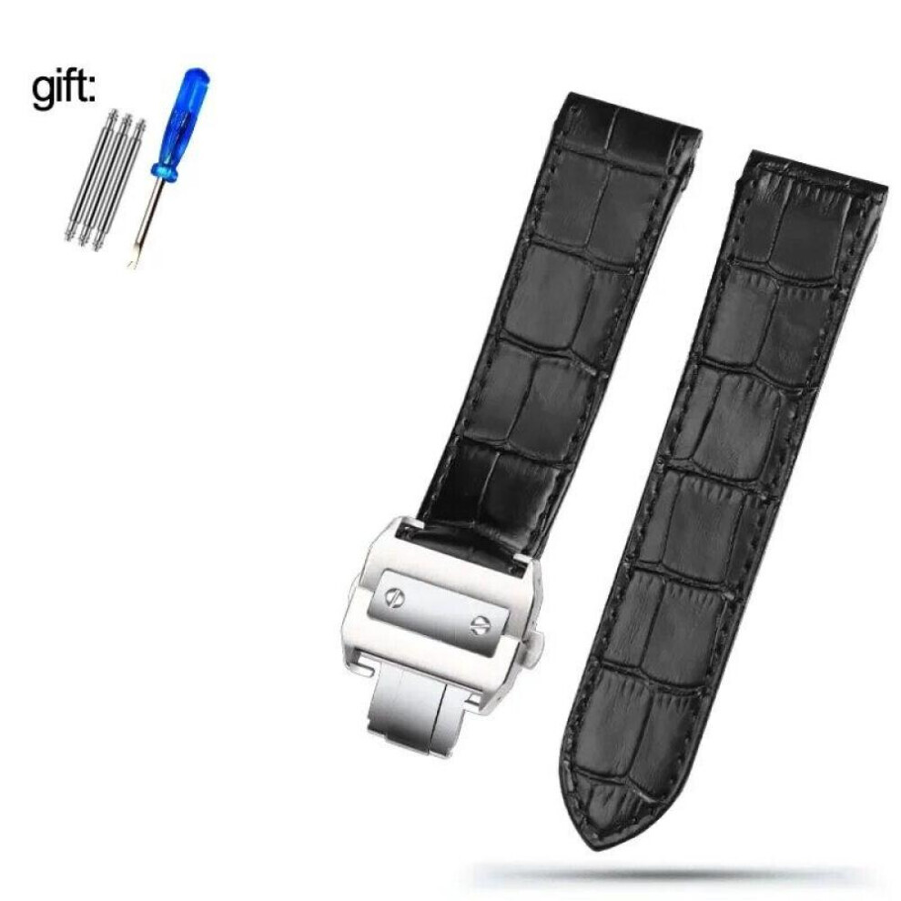 (Black-silver  23mm) Genuine Leather Watch Strap For Cartier Santos 100 Men&apos;s And Women&apos;s Black Brown Leather Watchband 20mm 23mm
