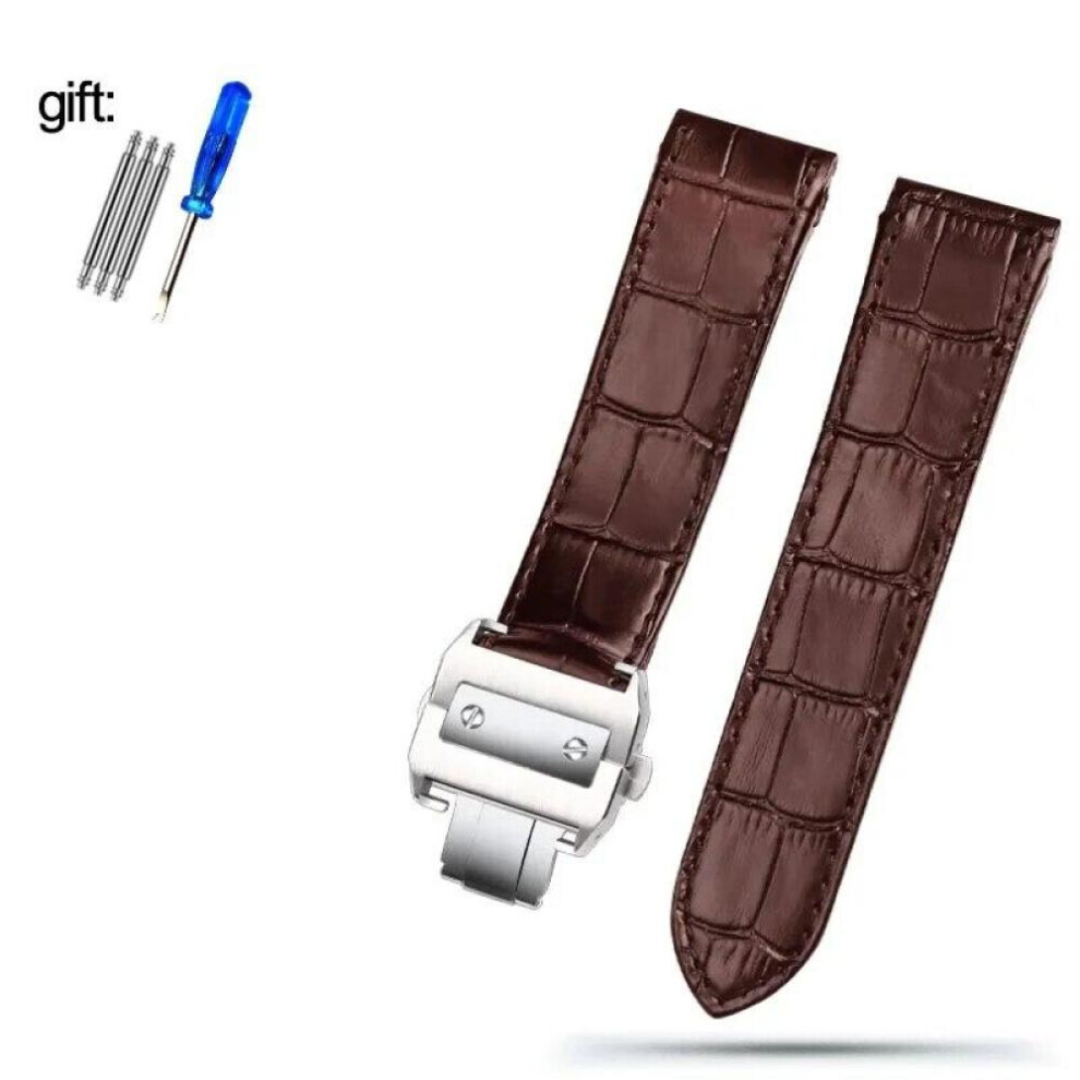 (Brown-silver  20mm) Genuine Leather Watch Strap For Cartier Santos 100 Men&apos;s And Women&apos;s Black Brown Leather Watchband 20mm 23mm
