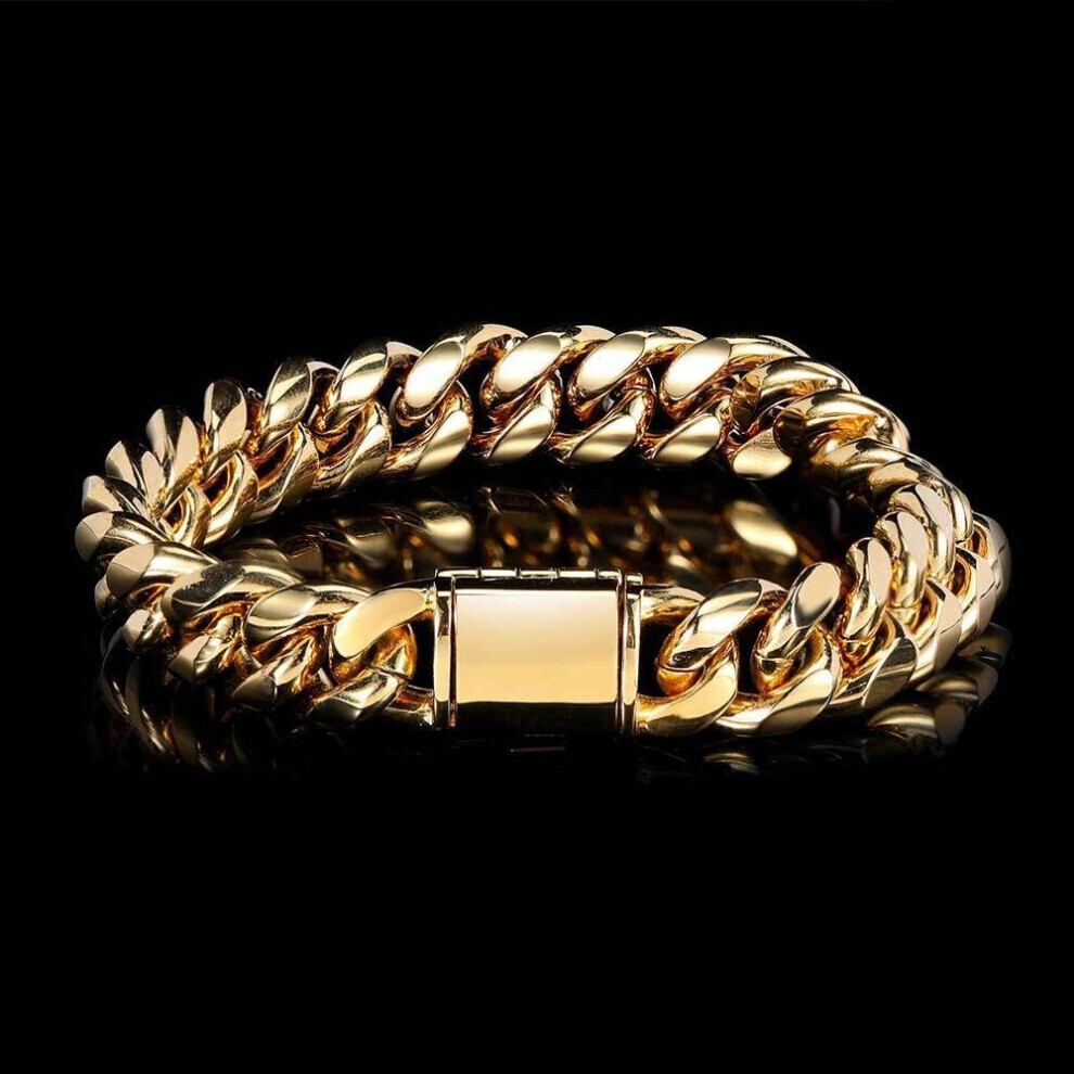 (as the picture, 23cm) New Smooth Flip Buckle Stainless Steel Cuban Chain Bracelet Real Gold Electroplating Round Grinding Encrypted Hip Hop Bracelet