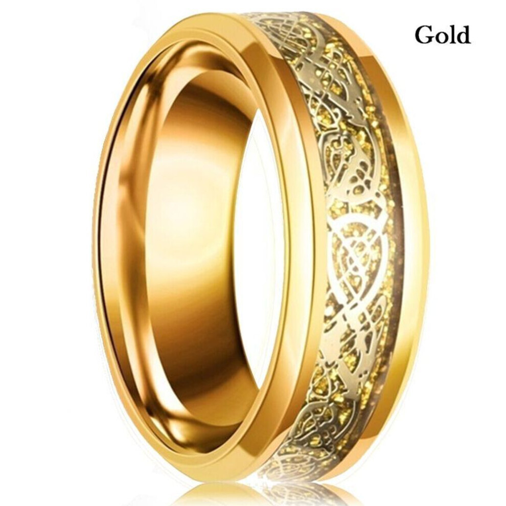 (gold, 10) 8 Colors 8mm Men&apos;s Stainless Steel Dragon Ring Inlay Red Green Black Carbon Fiber Ring Wedding Band Jewelry Size 7-12