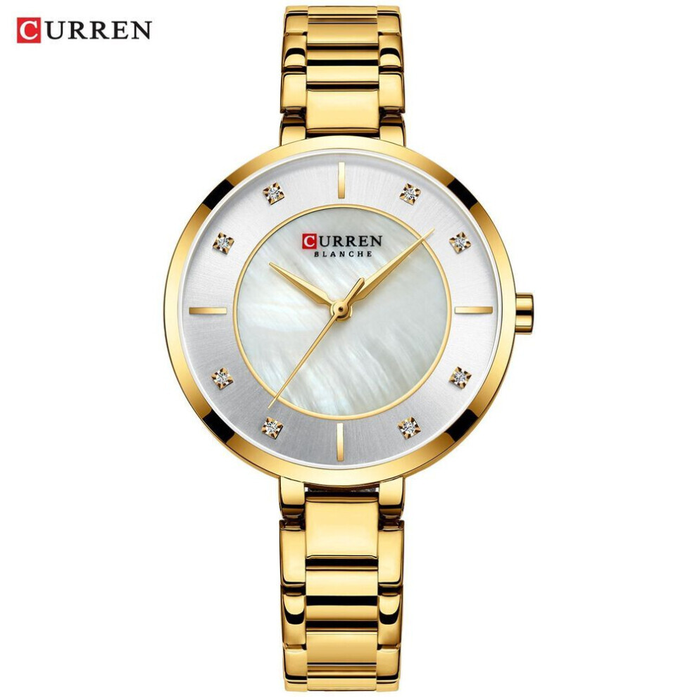 (gold) Curren Women Watches Luxury Metal Bracelet Wristwatch Classy Fashion Quartz Clock Blue Female Stainless Steel Dress Watch 9051
