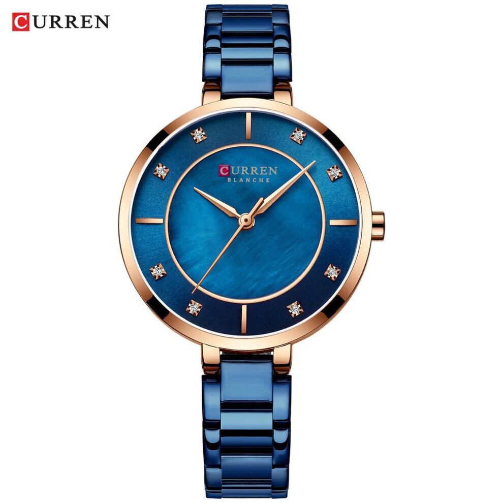 (blue) Curren Women Watches Luxury Metal Bracelet Wristwatch Classy Fashion Quartz Clock Blue Female Stainless Steel Dress Watch 9051
