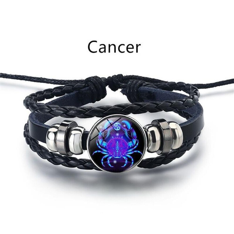 Maxpower (Cancer) 12 Constellation Luminous Weave Leather Bracelet Charm Bracelet Men Women Fashion Multilayer Zodiac Signs Bracelet Birthday Gifts