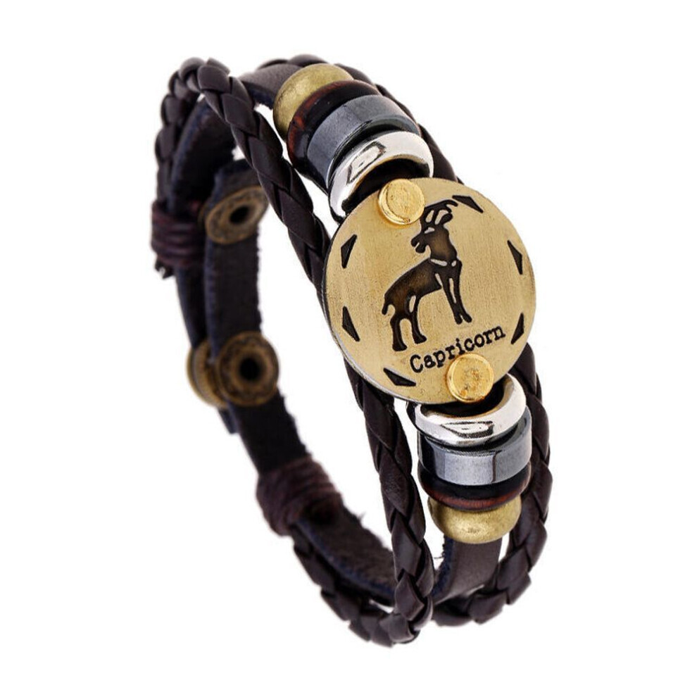 Maxpower (2 Capricorn) 12 Constellations Multi Layers Leather Cuff Chain Bracelet Jewelry For Women Men Birthday Valentines