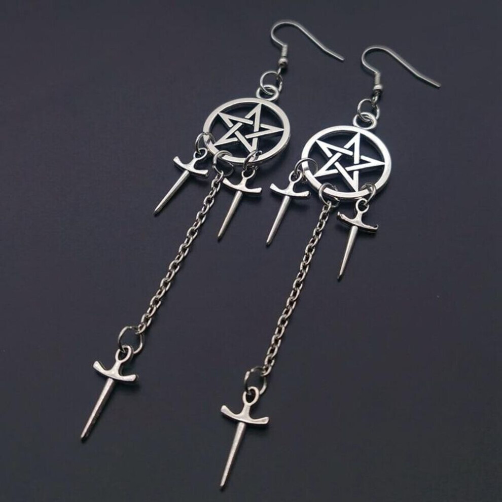Maxpower (Silver) Pentagram Swords Earrings Plated Huggie Hoops Dangle Witchy Jewelry Pagan Wiccan Tarot Gothic Emo Women Gift Silver
