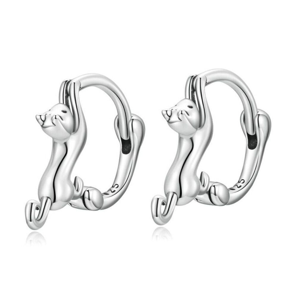 Maxpower (Silver) Wostu Real 925 Sterling Silver Black Cute Cat Stud Earrings For Women Fine Jewelry Party Gift Rose Gold Animal Hoop Aretes Black,Silver,Gold