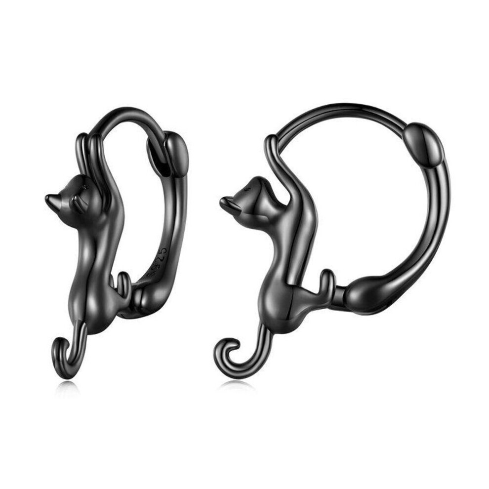 (black) Wostu Real 925 Sterling Silver Black Cute Cat Stud Earrings For Women Fine Jewelry Party Gift Rose Gold Animal Hoop Aretes