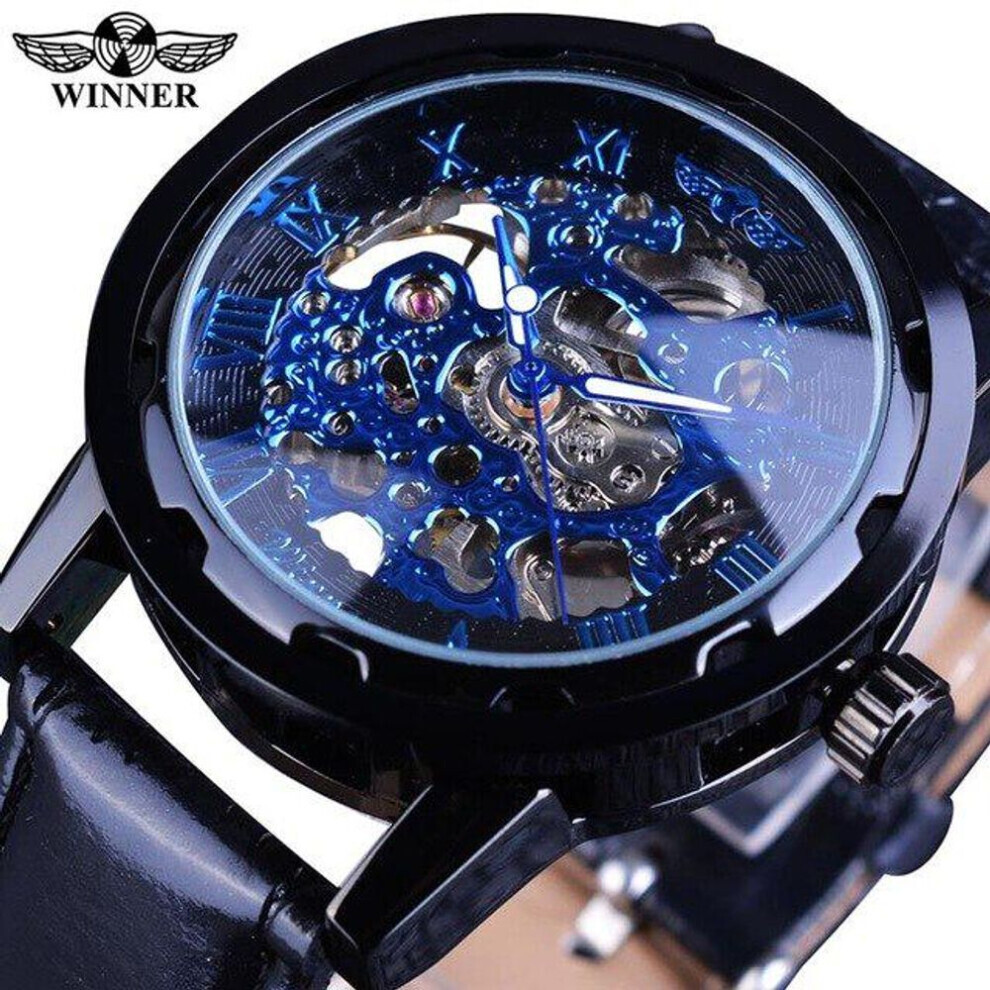Maxpower (Blue) T-Winner Men Relogios Skeleton Watches Brand Luxury Leather Strip Wrist Watch Men Mechanical Clock Blue