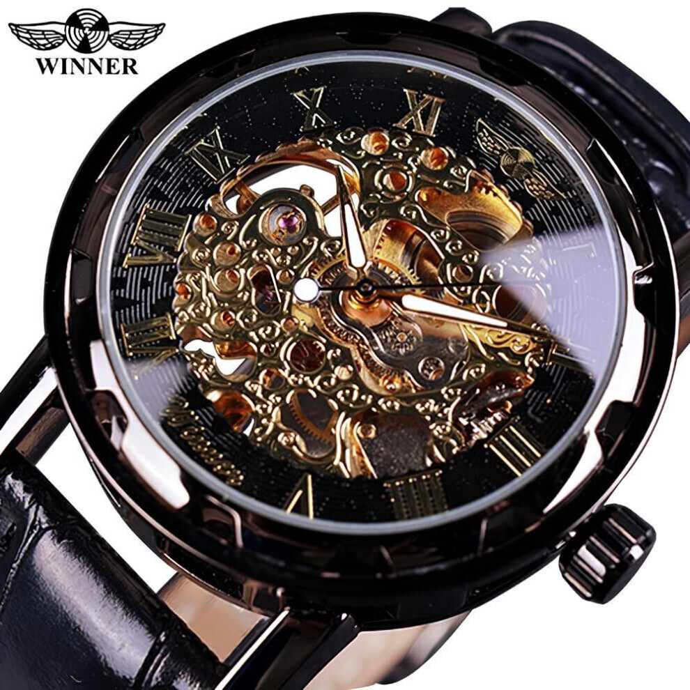 Maxpower (Black) T-Winner Men Relogios Skeleton Watches Brand Luxury Leather Strip Wrist Watch Men Mechanical Clock Black