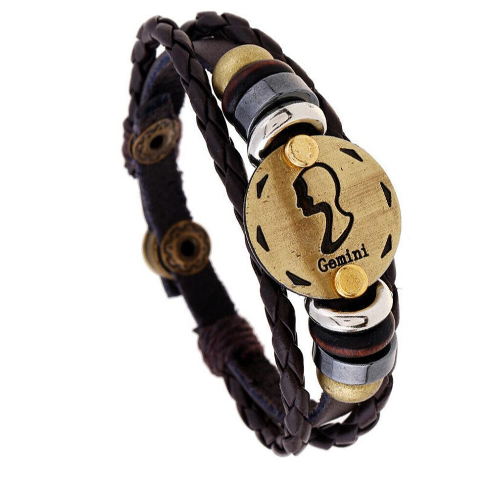 (7 Gemini) 12 Constellations Multi Layers Leather Cuff Chain Bracelet Jewelry For Women Men Birthday Valentines