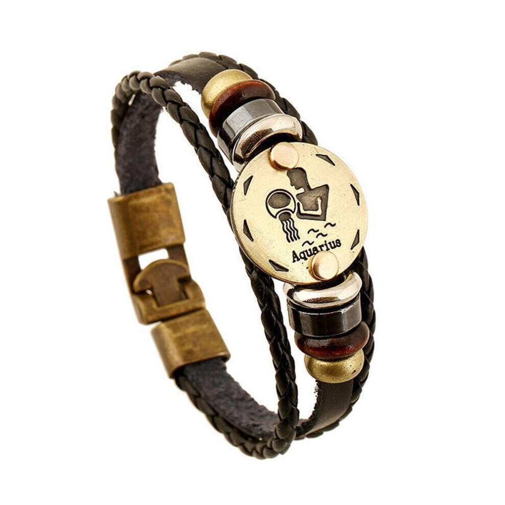 (3 Aquarius) 12 Constellations Multi Layers Leather Cuff Chain Bracelet Jewelry For Women Men Birthday Valentines