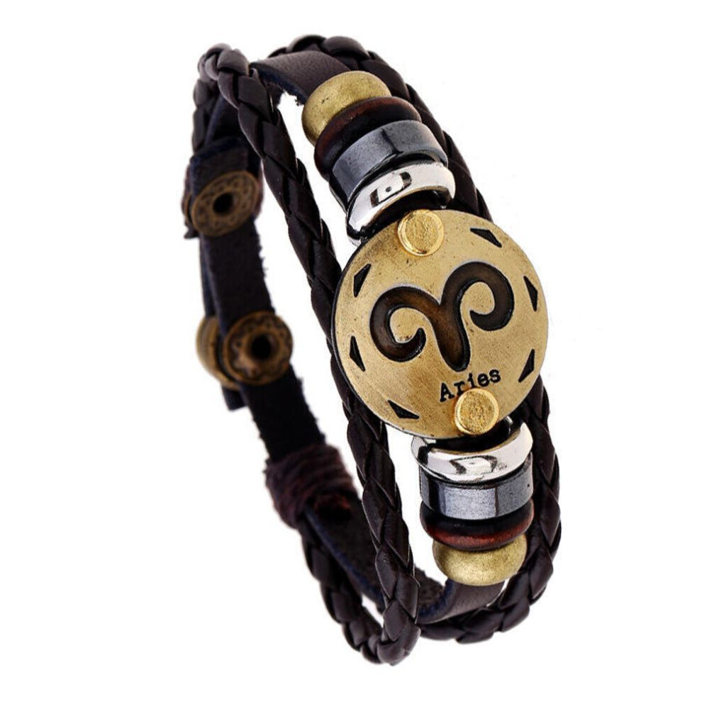 Maxpower (5 Aries) 12 Constellations Multi Layers Leather Cuff Chain Bracelet Jewelry For Women Men Birthday Valentines