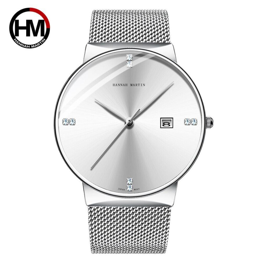 (silver) Hannah Martin Fashion Men's Quartz Watches Blue Black Gradient Men Watch Diamond Business Waterproof Calendar Wristwatch Japanese Movement Quartz