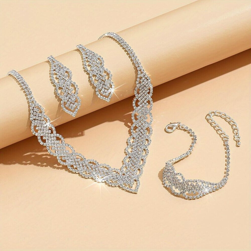 (as the picture) 4-piece Elegant Women&apos;s Luxury Necklace Earrings & Bracelet Jewelry Set Rhinestone Match Daily Outfits Party Accessories For Women